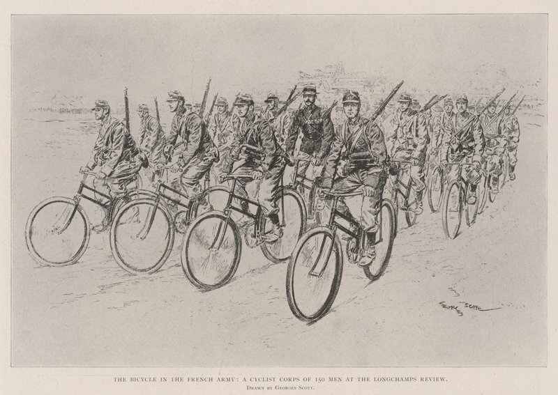 フランス軍の自転車、ロンシャンレビューで150人の男性のサイクリスト軍団 作： ジョルジュ・バーティン・スコット
