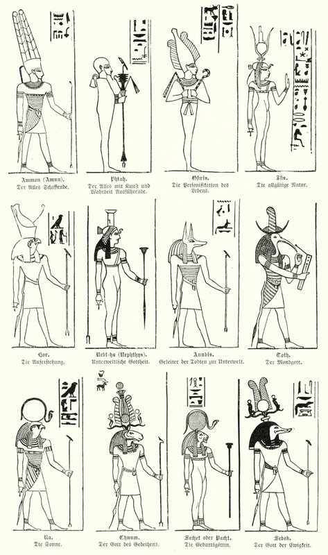 古代エジプトの神々と女神（エングレービング 作： ドイツ語学校