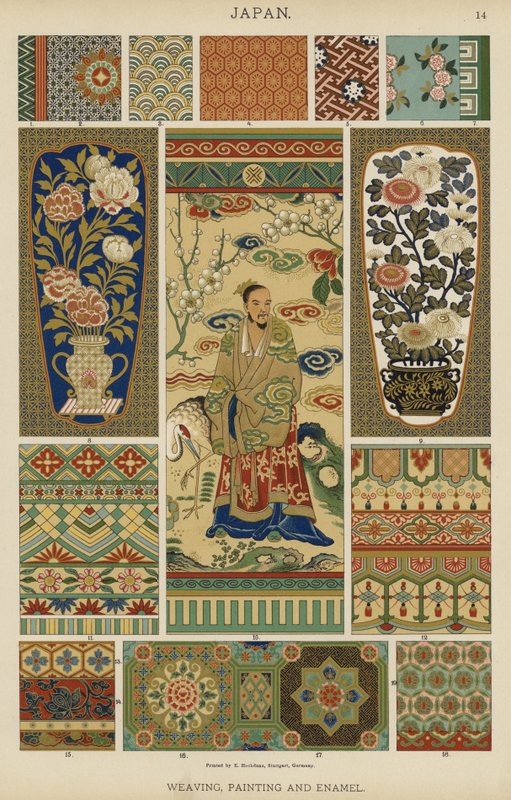 日本、織物、絵画、エナメル(カラーリトグラフ) 作： ドイツ語学校
