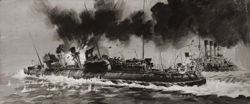 正体不明のWW1海軍交戦（紙にグワッシュ） 作： グラハム・コトン