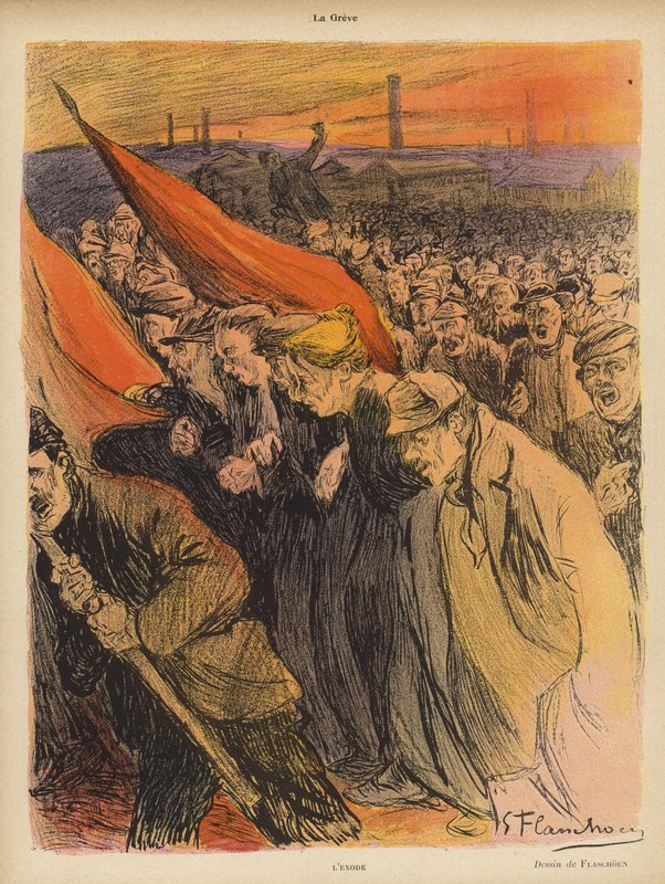 産業ストライキ：エクソダス、1902年頃（カラーリソ） 作： Gustave Flasschoen