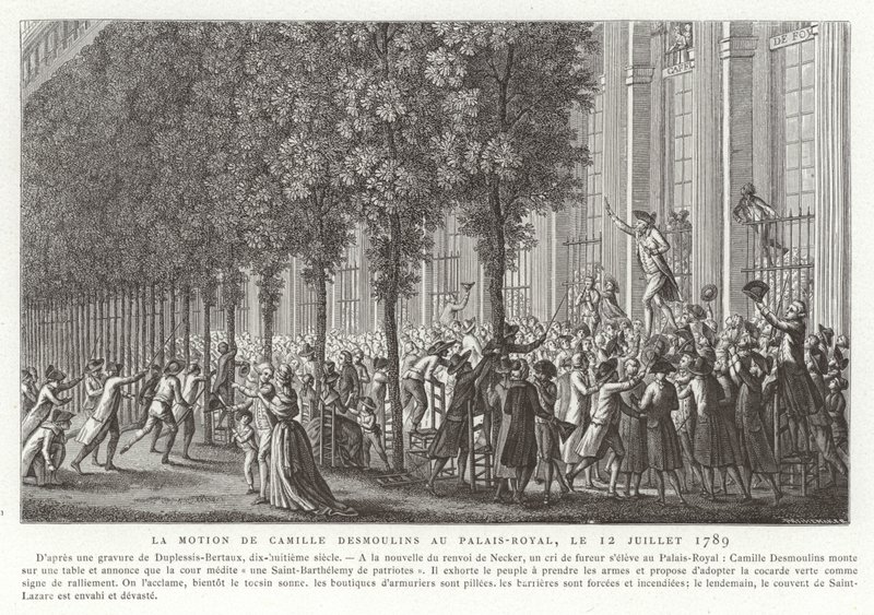 カミーユデスムーランは1789年7月12日、フランス革命、パリのパレロワイヤルの外で彼の武器を呼びかけました 作： ジャン・デュプレシス・ベルトー