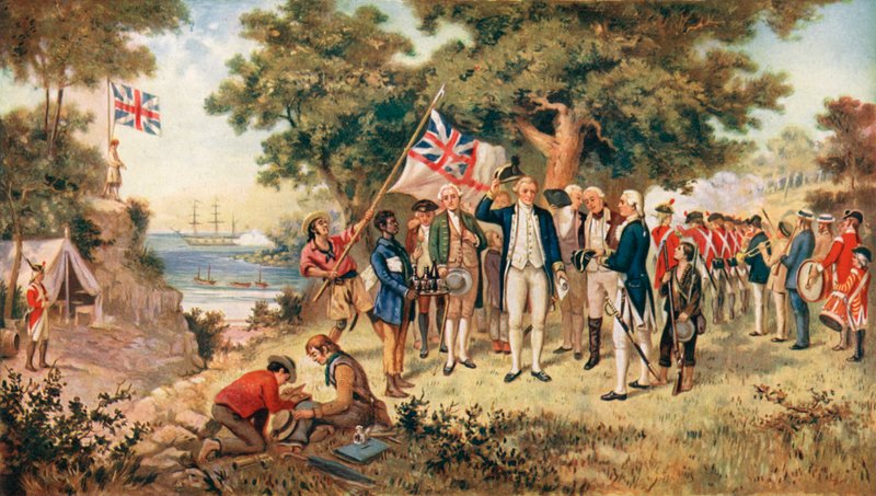 1770年にイギリスの王冠に代わってオーストラリア大陸を所有するクック船長 作： ギルフィラン後のジョン・アレキサンダー