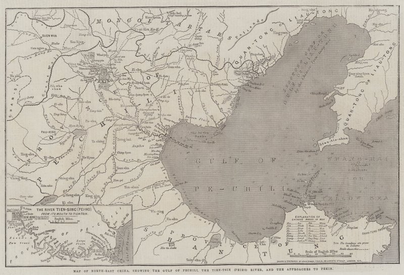 ペキリ湾、天津（ペイホ）川、およびペキンへのアプローチを示す中国北東部の地図 作： ジョン・ダワー