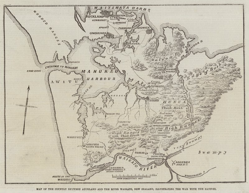 ニュージーランドのオークランドとワイカト川の間の国の地図。先住民との戦争を示しています。 作： ジョン・ダワー