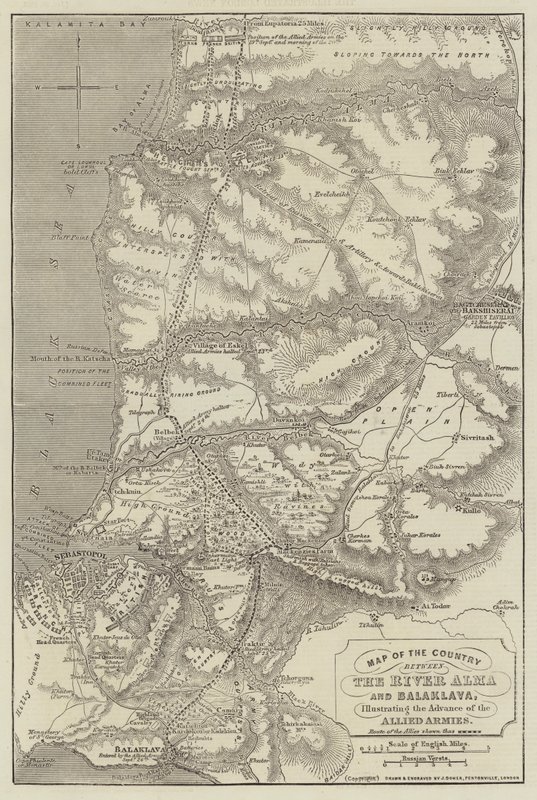 連合国軍の前進を示すアルマ川とバラクラ川の間の国の地図 作： ジョン・ダワー