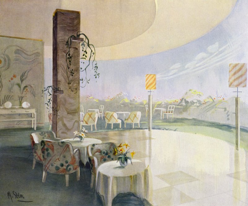 1930年代のインテリア。テラスカフェ（カラーリトグラフ 作： M.トーラス