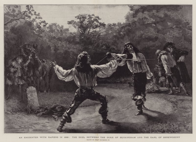 1668年のレイピアとの出会い、バッキンガム公爵とシュルーズベリー伯爵の間の決闘 作： パーシーマクコイド