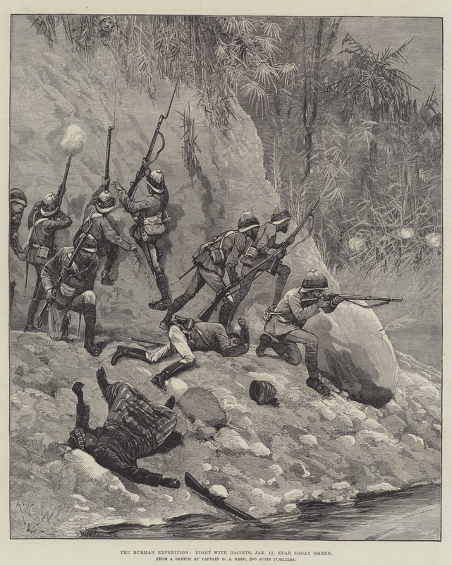 Burmah Expedition、Fight with Dacoits、1月12日、Shoay Gheenの近く 作： リチャード・カトン・ウッドビル・ジュニア
