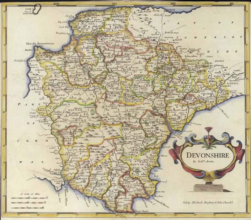 デボンシャーの地図（カラー彫刻） 作： ロバート・モーデン