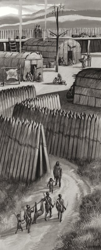 要塞化されたヒューロン族の村（紙にグワッシュ） 作： ロン・エンブルトン