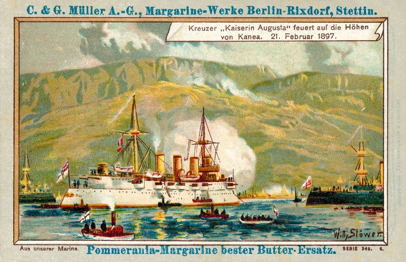 1897年2月21日、クレタ島のハニアの高原で発砲したドイツの巡洋艦Kaiserin Augusta（クロモリト） 作： ストーワーウィリー
