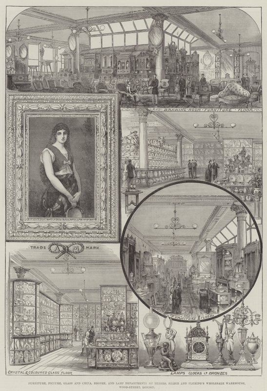 メッサーズ・シルバーとフレミングの卸売倉庫、ロンドンのウッドストリートにある家具、絵画、ガラス、中国、ブロンズ、ランプ部門 作： トーマス・スルマン