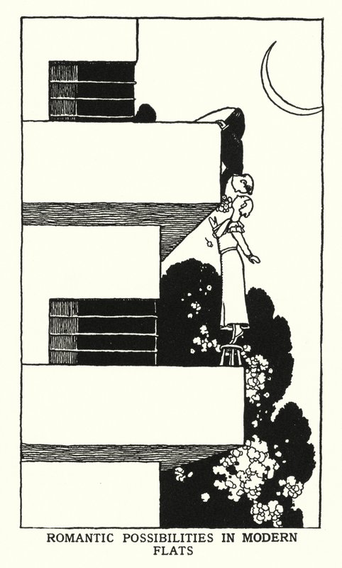 現代のフラットにおけるロマンチックな可能性（リトグラフ 作： ウィリアムヒースロビンソン